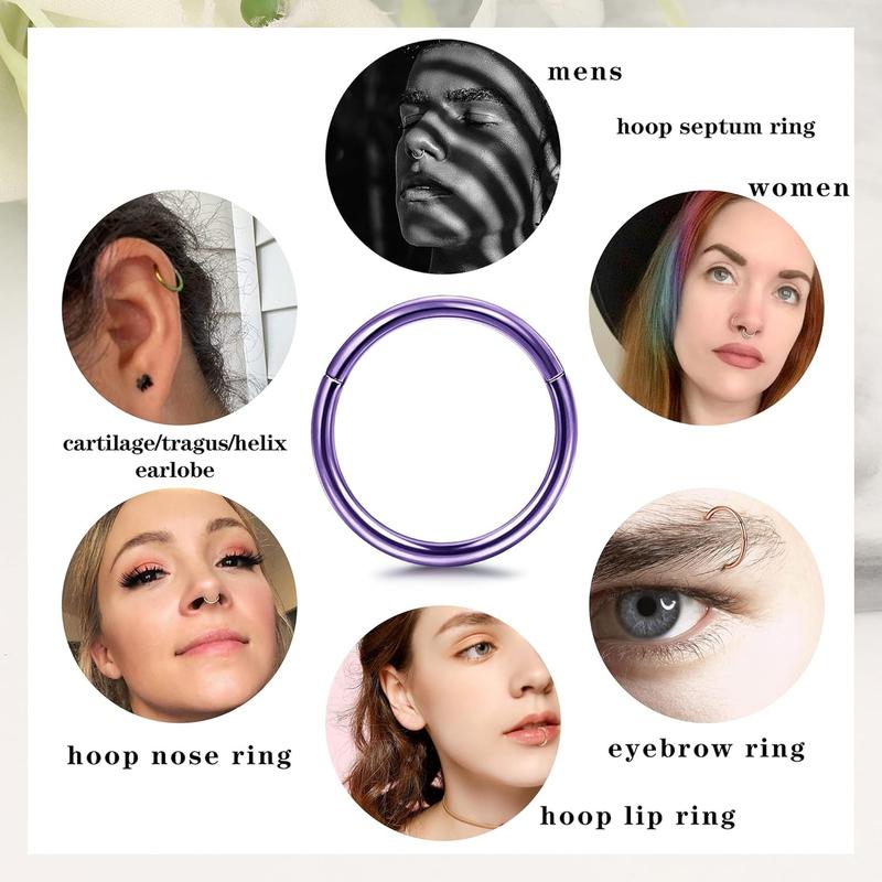 BESTEEL 10 Pcs 16G 18G Hinged Clicker Nose Rings Helix Cartilage Daith Hoop Earrings for Women Men Septum Tragus Sleeper Conch Piercing Earring Set 8-12MM