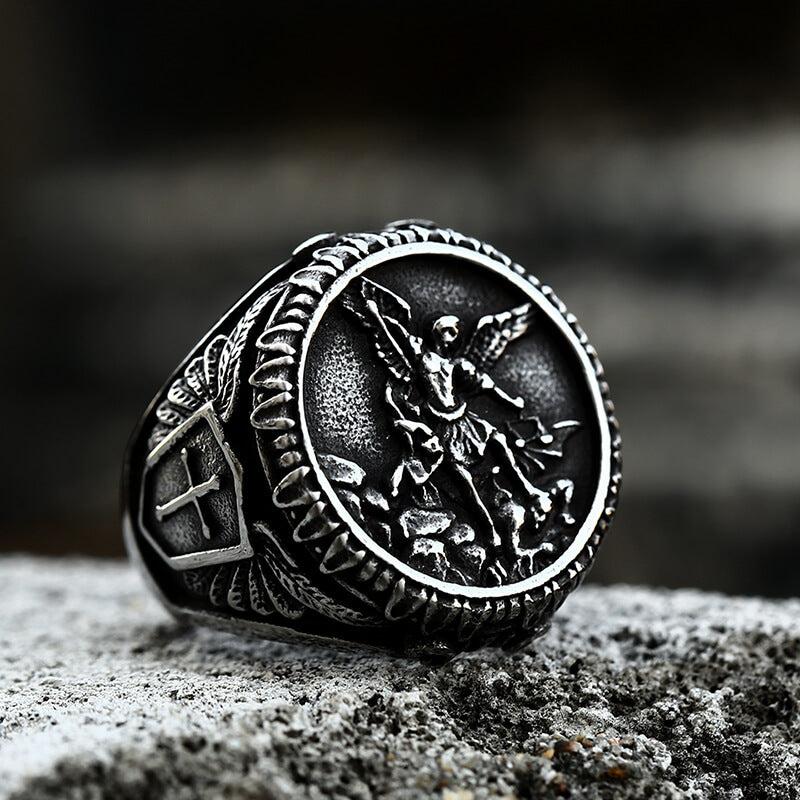 Archangel Saint Michael stainless steel men's ring handmade, suitable for men's birthday gift