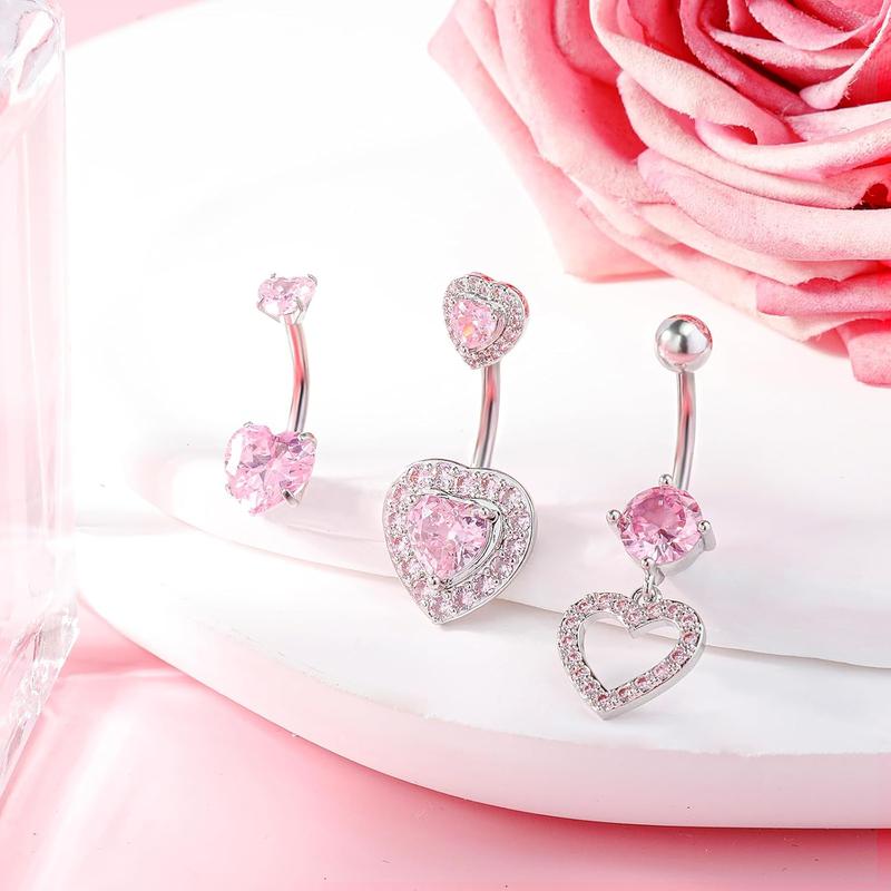 14G Belly Button Ring Dangle Belly Button Piercing Surgical Stainless Steel Belly Rings Cute CZ Heart Butterfly Flower Dangling Belly Piercing Jewelry for Women 7 count