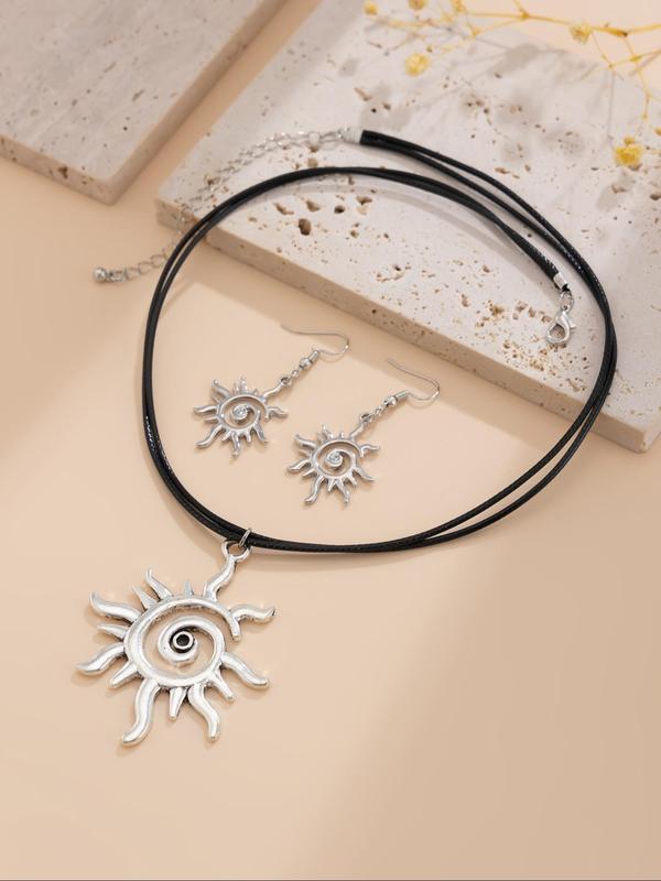 Women's Sun Design Adjustable Jewelry Set, Including Pendant Necklace & Dangle Earrings, Elegant Jewelry for Party, Daily Clothing Decor, Trendy Exquisite Jewelry for Gift