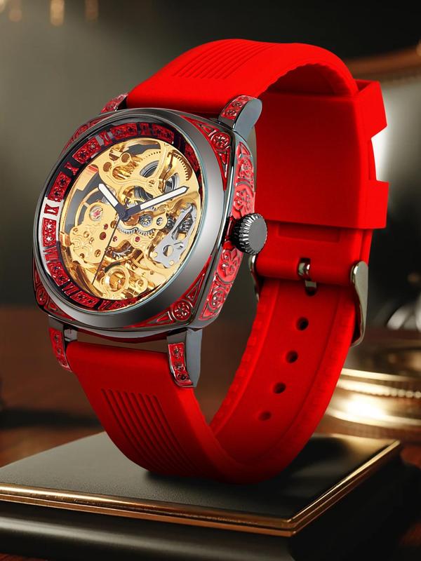 Men's Vintage Flower Embossed Watch, Business Style Analog Mechanical Watch, Trendy Wristwatch, Fashionable Watch for Daily & Party Decoration, Perfect for Men for Birthday Gift with Box