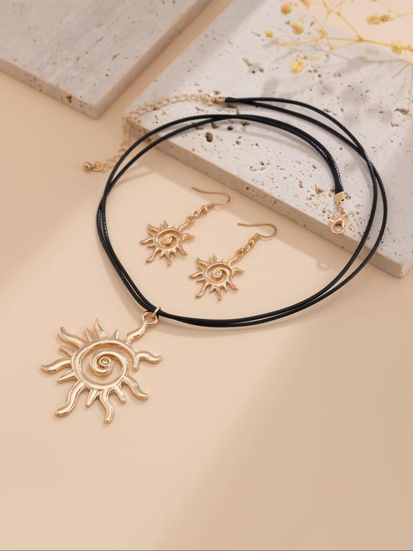 Women's Sun Design Adjustable Jewelry Set, Including Pendant Necklace & Dangle Earrings, Elegant Jewelry for Party, Daily Clothing Decor, Trendy Exquisite Jewelry for Gift