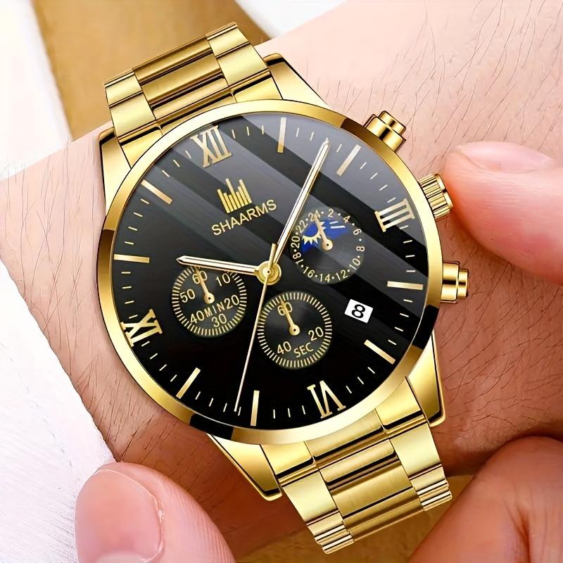 3 Pcs set, Men's Business Casual Fashion Sports Stainless Steel Quartz Watch and Bracelet Necklace Suit