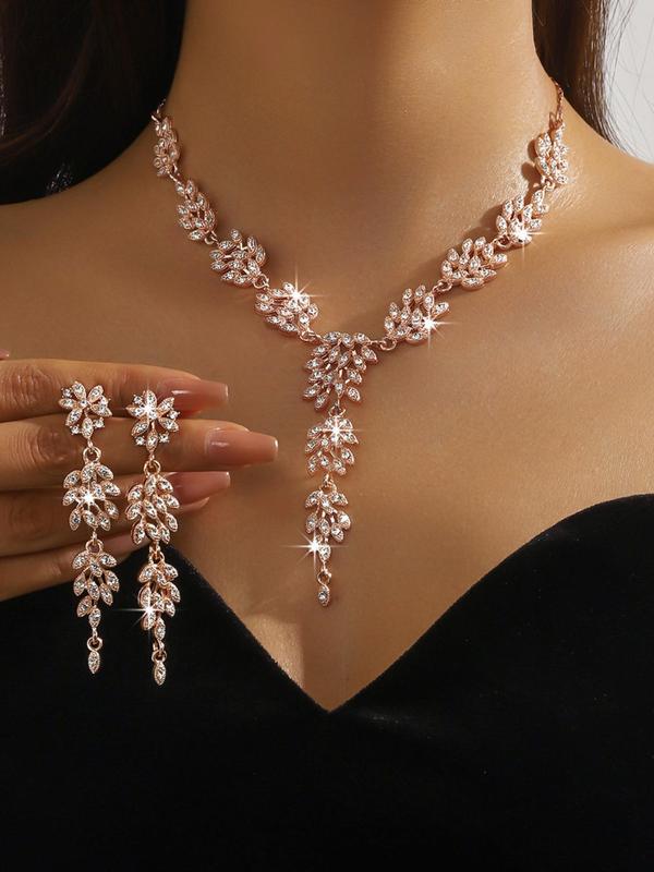 Women's Elegant Rhinestone Decorated Flower Design Necklace & Dangle Earrings, Exquisite Trendy Jewelry Set, Fashionable Accessories for Party & Daily  Decor