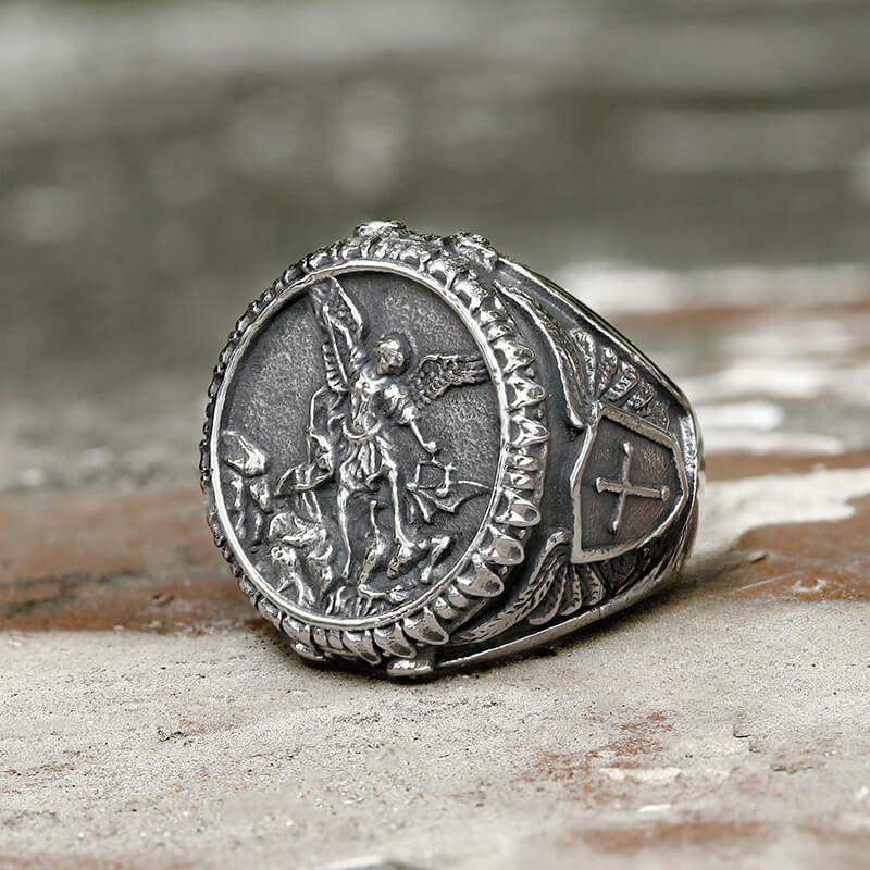 Archangel Saint Michael stainless steel men's ring handmade, suitable for men's birthday gift