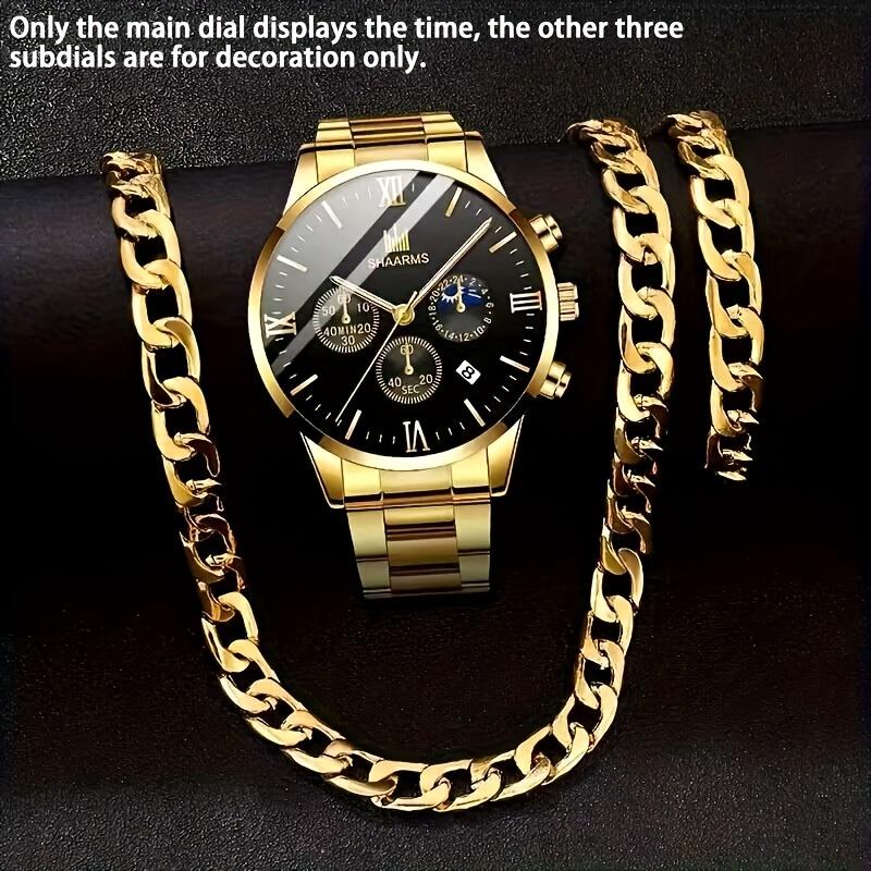 3 Pcs set, Men's Business Casual Fashion Sports Stainless Steel Quartz Watch and Bracelet Necklace Suit