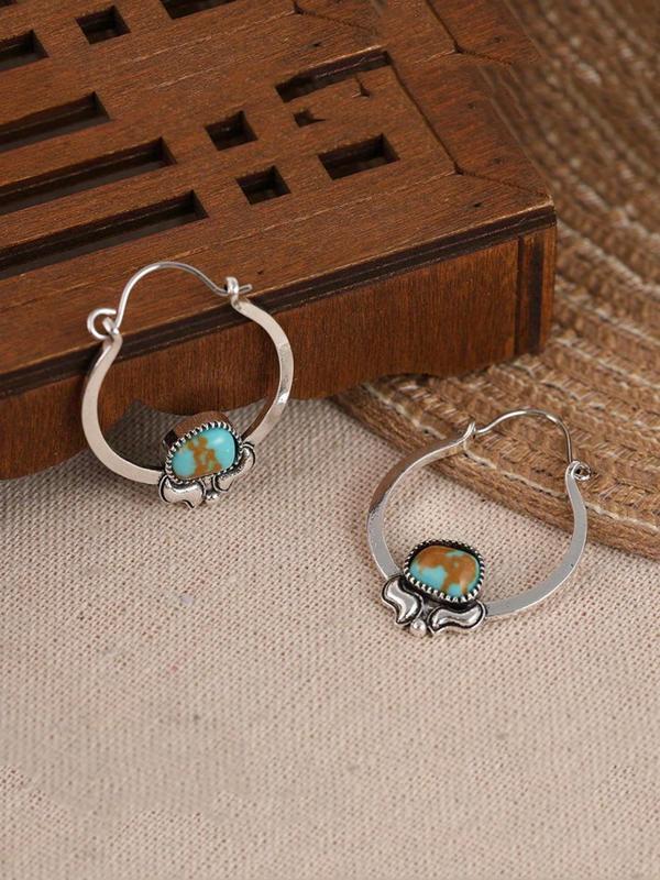 Vintage Turquoise Decor Hoop Earrings, Boho Style Earrings for Women, Fashion Jewelry for Daily Wear, Exquisite Jewelry for Gift