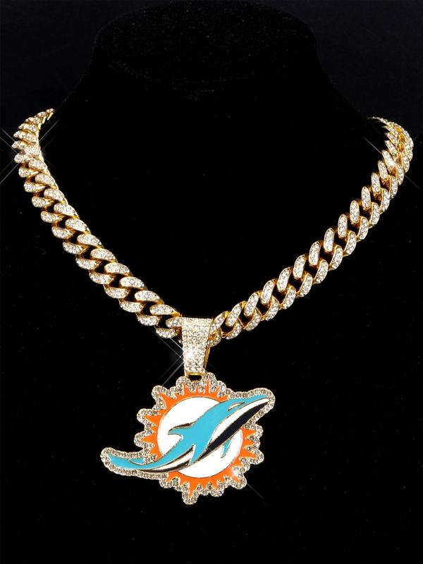 Rhinestone Decor Dolphins Pendant Necklace, Cuban Link Chain Necklace for Men & Women, Stainless Steel Jewelry for Party, Daily Decor, Trendy All-match & Exquisite Jewelry for Gift