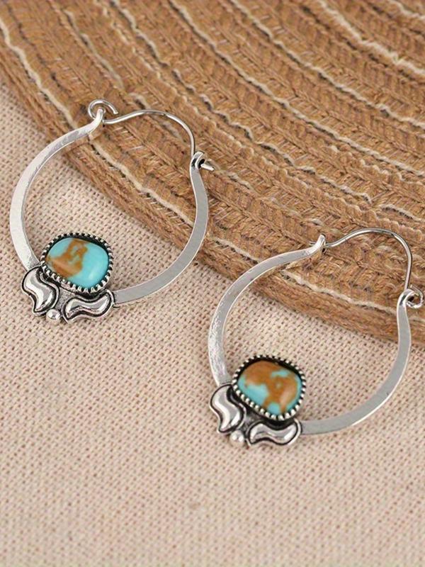 Vintage Turquoise Decor Hoop Earrings, Boho Style Earrings for Women, Fashion Jewelry for Daily Wear, Exquisite Jewelry for Gift