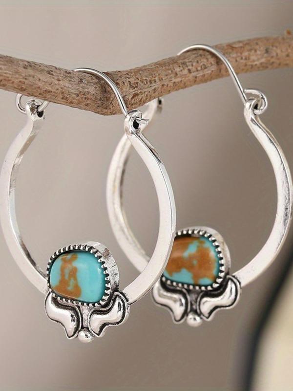 Vintage Turquoise Decor Hoop Earrings, Boho Style Earrings for Women, Fashion Jewelry for Daily Wear, Exquisite Jewelry for Gift