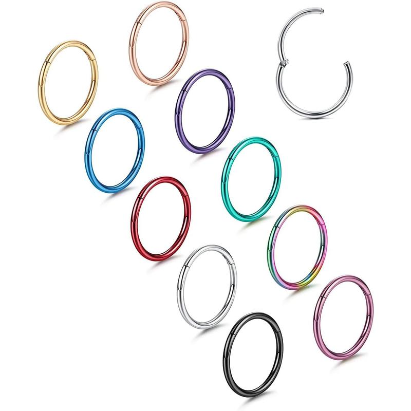 BESTEEL 10 Pcs 16G 18G Hinged Clicker Nose Rings Helix Cartilage Daith Hoop Earrings for Women Men Septum Tragus Sleeper Conch Piercing Earring Set 8-12MM