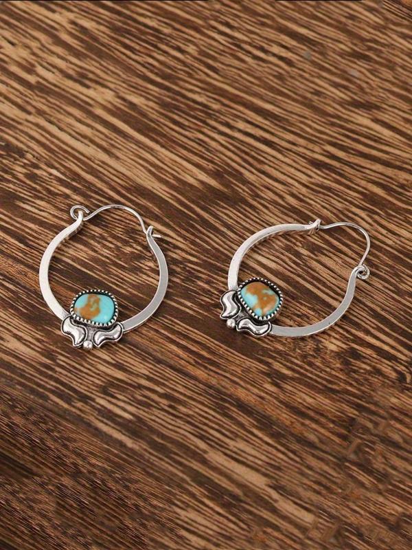 Vintage Turquoise Decor Hoop Earrings, Boho Style Earrings for Women, Fashion Jewelry for Daily Wear, Exquisite Jewelry for Gift