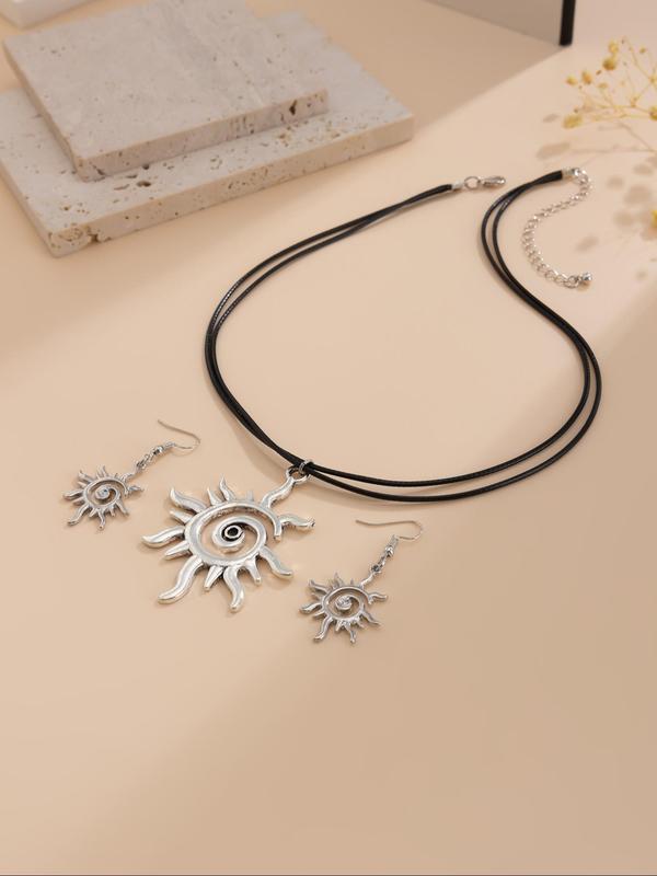 Women's Sun Design Adjustable Jewelry Set, Including Pendant Necklace & Dangle Earrings, Elegant Jewelry for Party, Daily Clothing Decor, Trendy Exquisite Jewelry for Gift