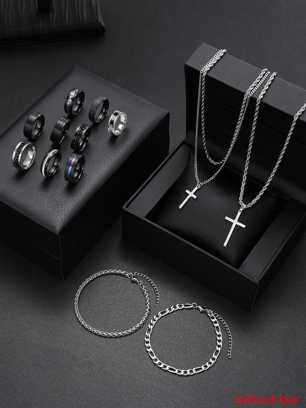 Men's Punk Style Cross Pendant Necklace & Chain Bracelet & Rhinestone Decor Ring, Fashion Jewelry for Party, Daily Decor, Trendy All-match & Exquisite Jewelry for Birthday Gift, without Box