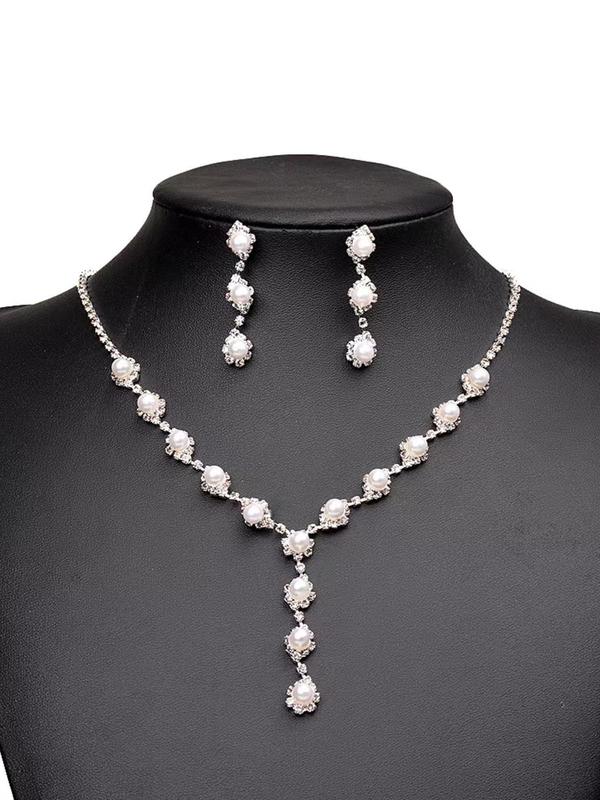 Elegant Faux Pearl & Rhinestone Decorated Jewelry Set, Exquisite Trendy Pendant Necklace & Dangle Earrings, Chic Jewelry Set for Party & Daily Clothing Decor