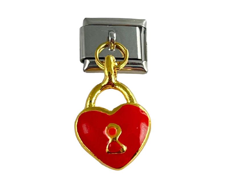 Italian Charm Link Dangle Heart with Lock Hole Charm 9mm