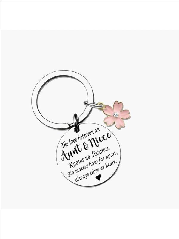 Letter Pattern Keychain with Flower Pendant, Stainless Steel Keychain for Women & Men, Fashion Accessories for Daily Use, Birthday Gift for Aunt