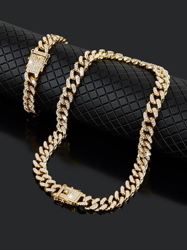 Rhinestone Decorated Cuban Chain Necklace Bracelet, Street Trendy Hip Hop Jewelry for Party, Daily Decor, Trendy All-match & Exquisite Jewelry for Birthday Gift