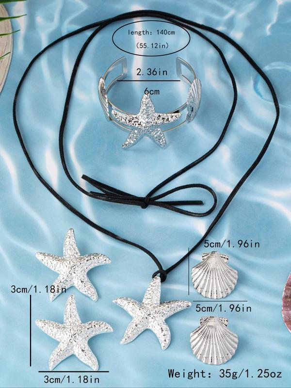 Starfish & Shell Design Jewelry Set, Starfish Shell Stud Earrings Pendant Necklace Cuff Bracelet, Retro Fashion Jewelry for Party, Daily Decor, Exquisite Jewelry for Gift