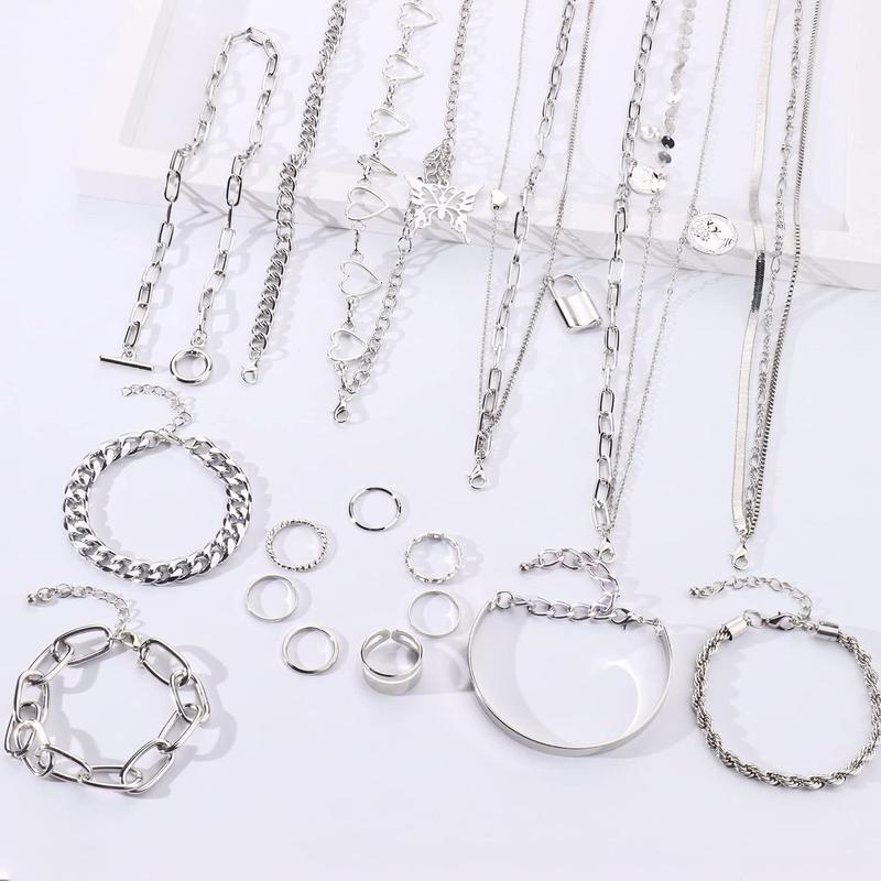 FLORIDECO 17PCS Jewelry Sets for Women Layered Necklaces Chunky Bracelets Knuckle Rings Set Costume Accessories Jewelry Daily