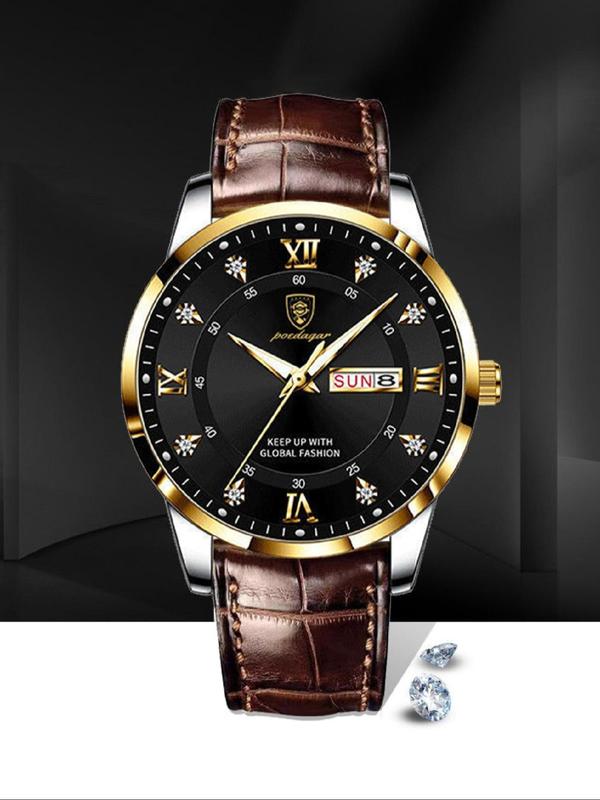 Men's Business Fashion Rhinestone Decorated Analog Quartz Watch, Calendrier Watch for Party, Daily Clothing Decor, Trendy Watch for Birthday Gift with Box