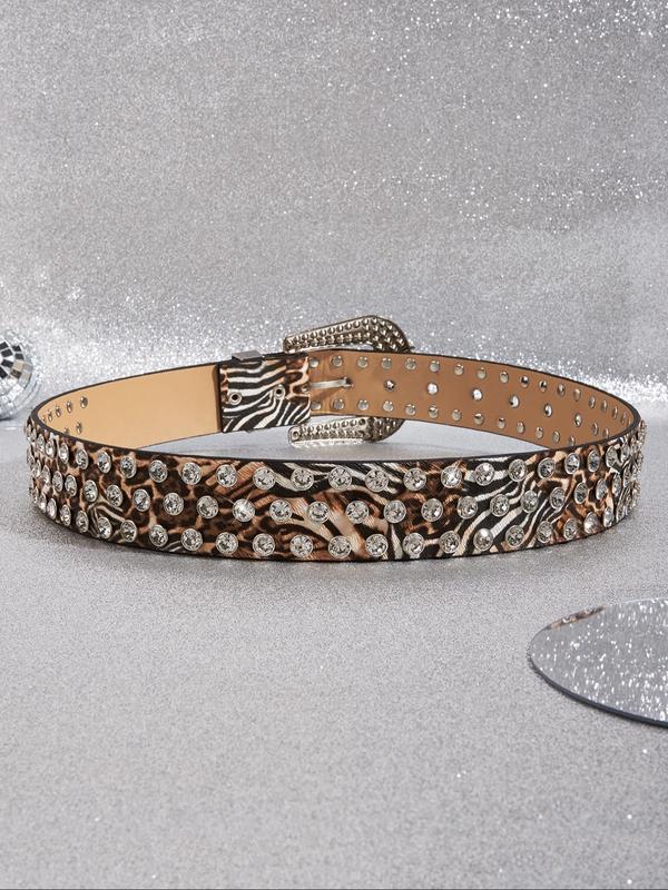 Women's Street Trend Leopard Print Rhinestone Decorated Western Belt, Fashionable Belt for Daily Clothing Decor, Trendy All-match & Exquisite Belt for Birthday Gift