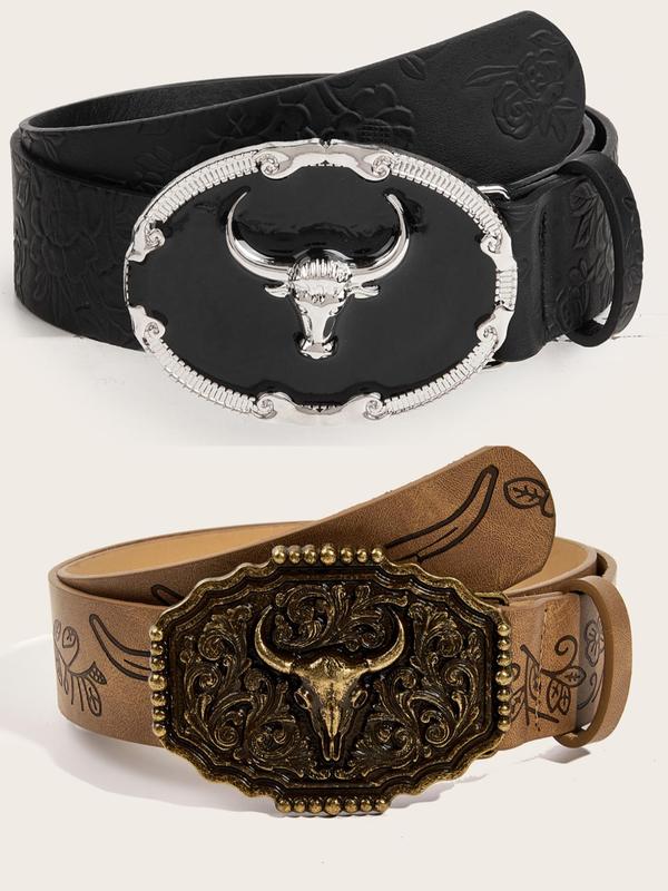 Punk Style Cow Head Embossed Pu Leather Belt, Western Style Vintage Belt for Men & Women, Fashion Belt for Party, Daily Clothing Decor