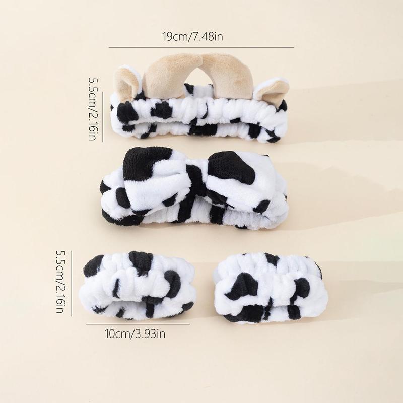 Cute Cow Print Bathing Hair Band & Wristband Set, 4pcs set Headband & Face Washing Wristbands for Women, Bathing Accessories for Daily Life [Cow Print Pattern Placement Random]