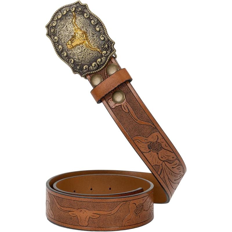 Western cow PU leather belt-men waist strap bull decoration floral engraved for jeans 25 