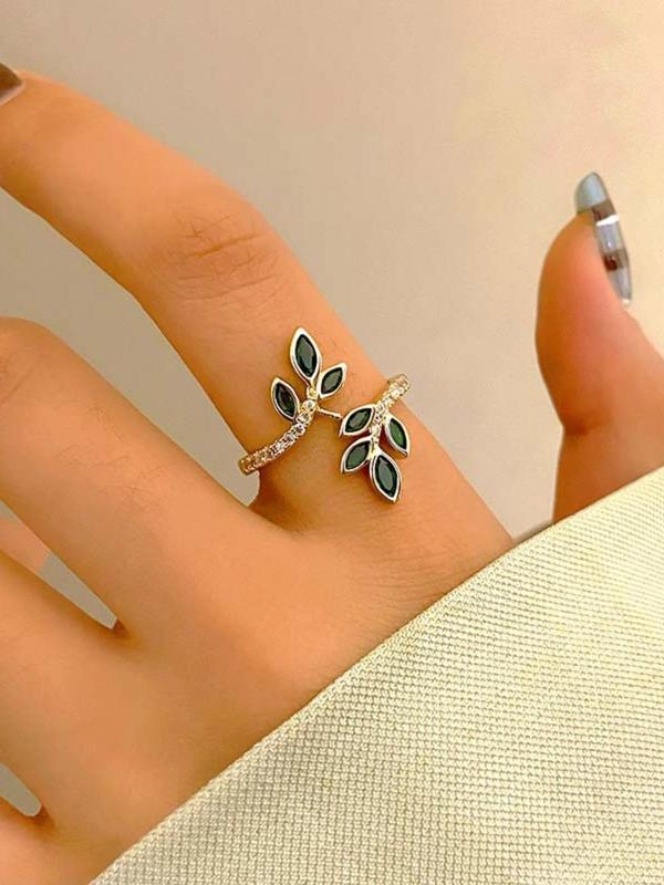 Women's Cute Glittering Leaf Design Cuff Ring, Elegant Promise Ring for Party, Daily Decor for Girl, Trendy All-match & Exquisite Vintage Jewelry for Birthday Gift