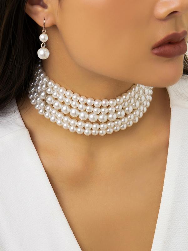 Faux Pearl Decor Layered Chocker Necklace & Dangle Earrings, Fashion Jewelry for Party, Daily Decor, Trendy All-match & Exquisite Jewelry for Birthday Gift