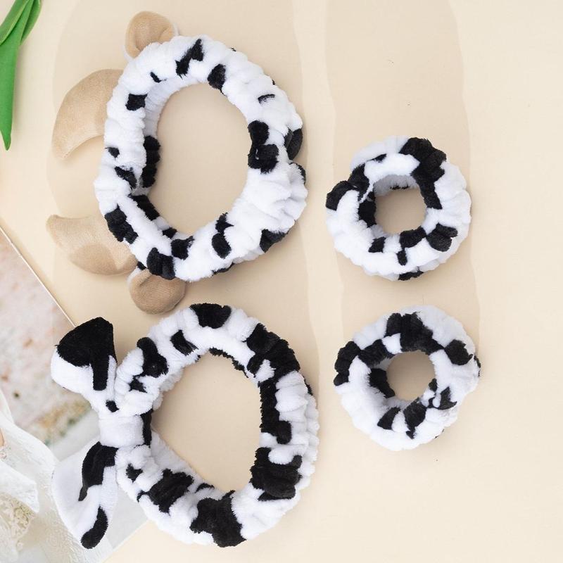 Cute Cow Print Bathing Hair Band & Wristband Set, 4pcs set Headband & Face Washing Wristbands for Women, Bathing Accessories for Daily Life [Cow Print Pattern Placement Random]