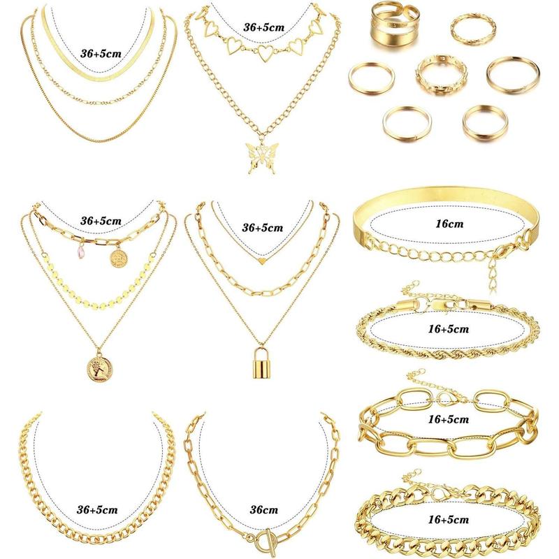 FLORIDECO 17PCS Jewelry Sets for Women Layered Necklaces Chunky Bracelets Knuckle Rings Set Costume Accessories Jewelry Daily