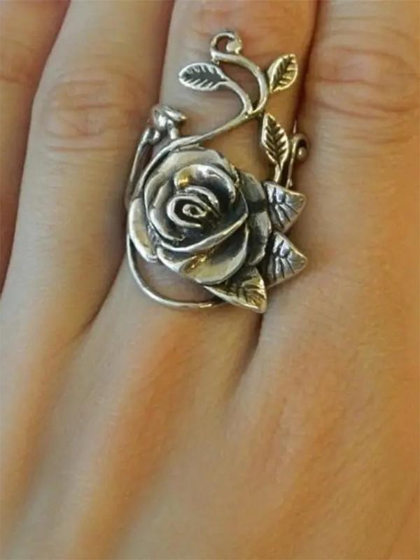 Vintage Flower Rose Design Cuff Ring, 2024 New Fashion Accessories for Women, Girl's Temperament All-match Accessory