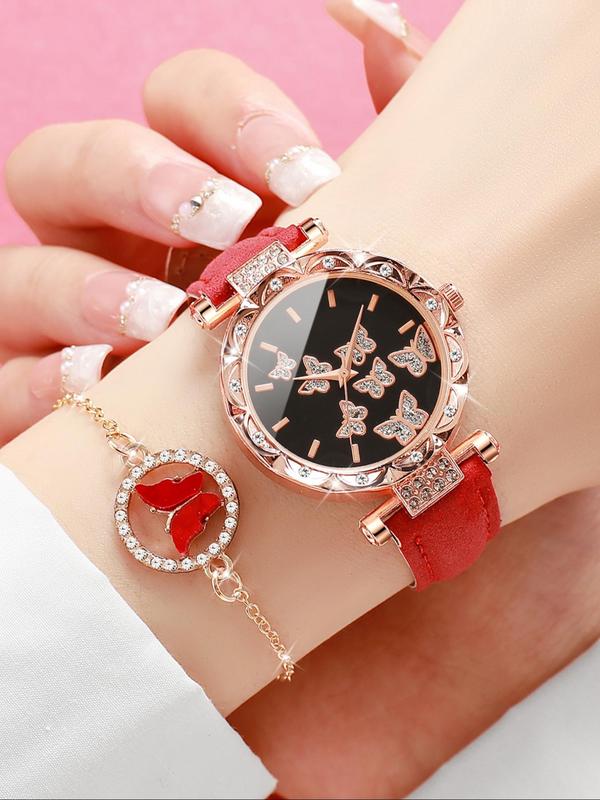 Women's Elegant Round Dial PU Leather Strap Watch & Butterfly Design Jewelry Set, 5 Counts set Wristwatch & Bracelet & Pendant Necklace & Dangle Earrings, Trendy Watch Set without Box