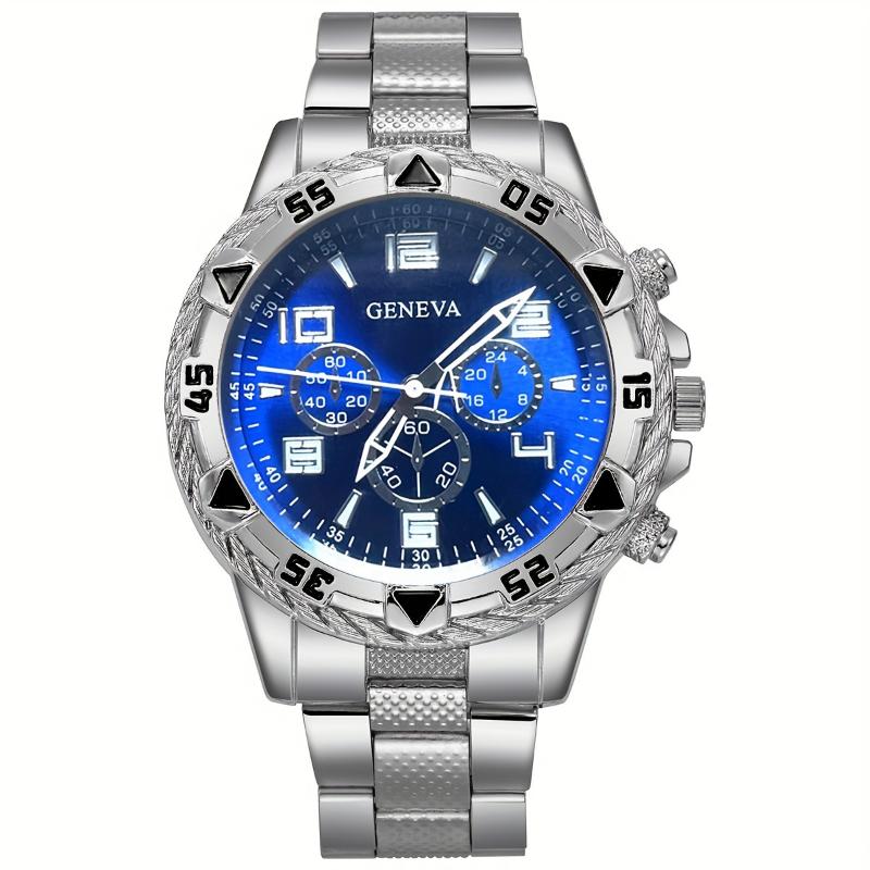 3-Piece 2-Piece Fashionable Business Men's Round Quartz Watch Set with Date Function, Stainless Steel Bands, Zinc Alloy Case, Electronic Movement, Pointer Display - Ideal for Valentine's, Easter, Eid Al-Adha, Birthday, Christmas Gifts