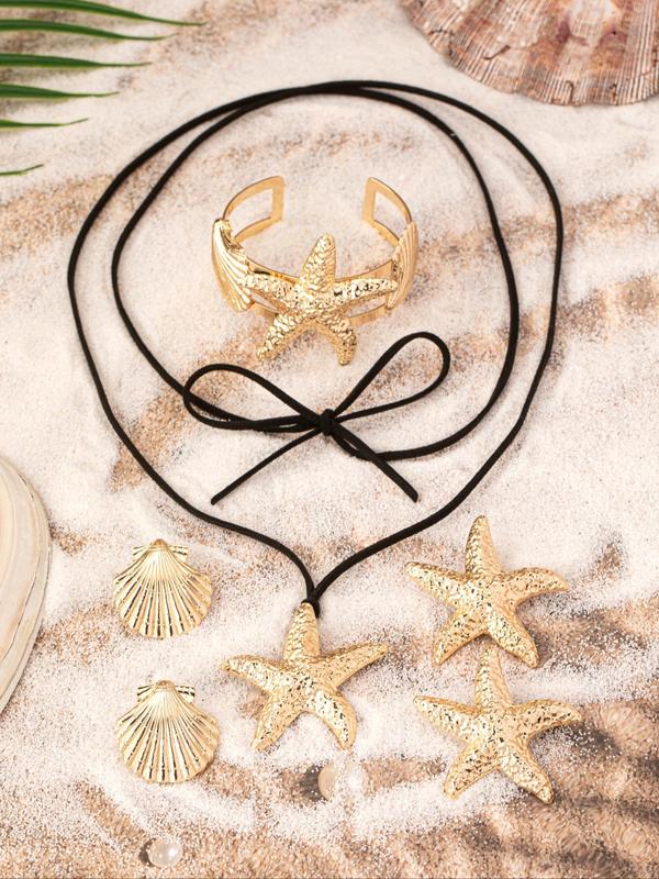 Starfish & Shell Design Jewelry Set, Starfish Shell Stud Earrings Pendant Necklace Cuff Bracelet, Retro Fashion Jewelry for Party, Daily Decor, Exquisite Jewelry for Gift