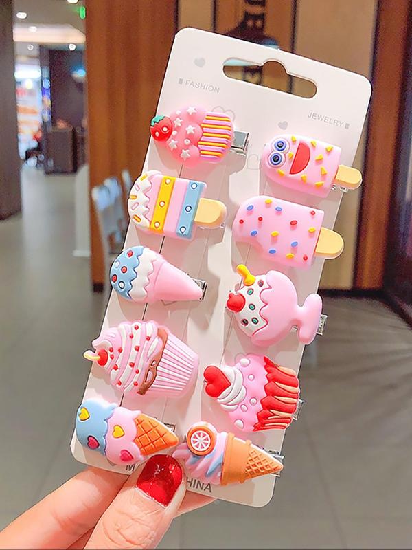 Random Style Cute Cartoon Ice Cream & Unicorn & Rainbow Design Hair Clips, Colorful Lovely Hair Accessories for Girls, Fashion Hair Accessories for Party, Daily Clothing Decor