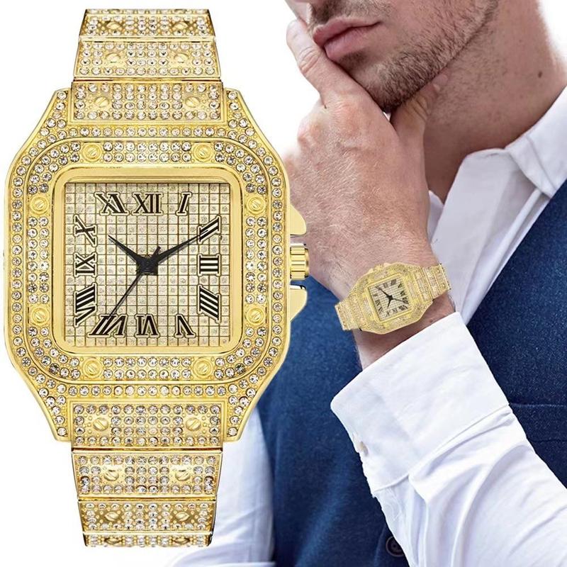 Men's Luxury Rhinestone SquareDial Analog Quartz Watch, MatchingWristwatch for Boyfriend, Partner,Dad, Brother, lced Out Luxury Watch Gifts without Box