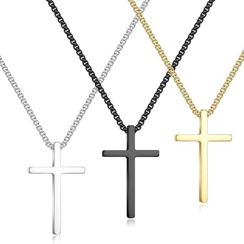 2 3 Pcs Cross Necklace for Women Men, Christmas gifts Silver Black Gold Cross Chain Necklace, Stainless Steel Cross Pendant Necklace Gifts for Men 17 Inches