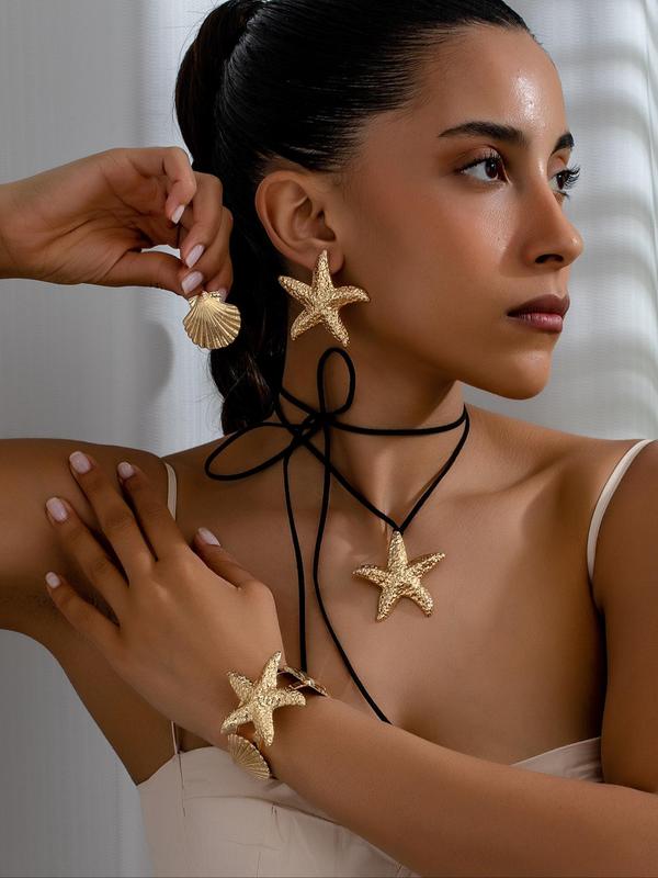 Starfish & Shell Design Jewelry Set, Starfish Shell Stud Earrings Pendant Necklace Cuff Bracelet, Retro Fashion Jewelry for Party, Daily Decor, Exquisite Jewelry for Gift