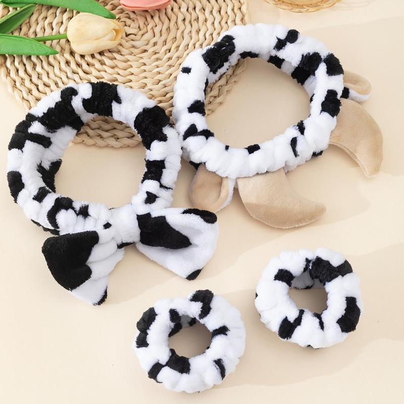 Cute Cow Print Bathing Hair Band & Wristband Set, 4pcs set Headband & Face Washing Wristbands for Women, Bathing Accessories for Daily Life [Cow Print Pattern Placement Random]