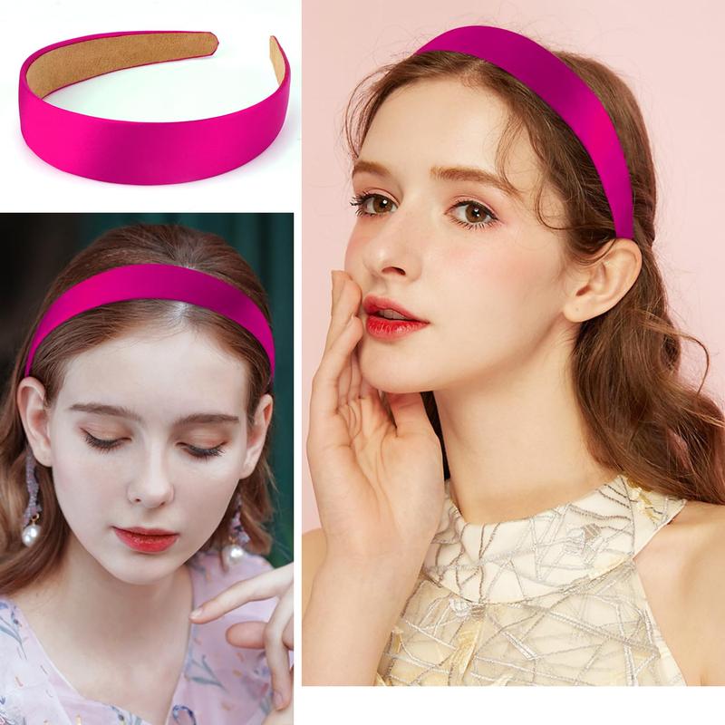 Hot Pink Headband Satin Headbands for Women Girls 1.18 Inch Wide Thin Hard Headbands Non Slip Ribbon Hair Bands Plain Headbands for Crafts DIY Costume Holiday Christmas Valentines Gifts